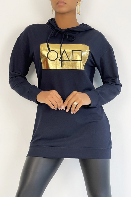Long navy hoodie with golden squid game pattern - 4