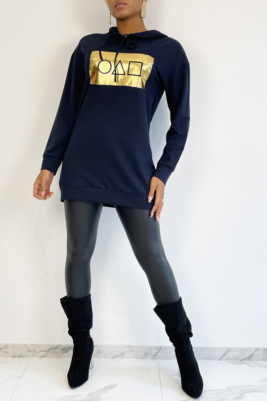 Long navy hoodie with golden squid game pattern - 5