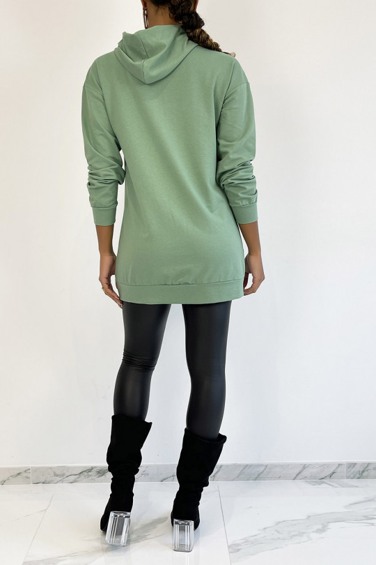 Long green hooded sweatshirt with golden squid game pattern - 1