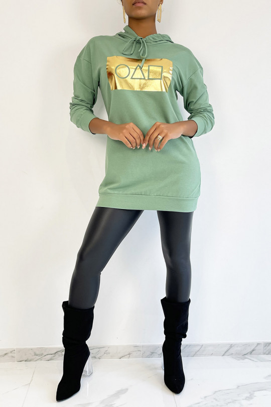 Long green hooded sweatshirt with golden squid game pattern - 2