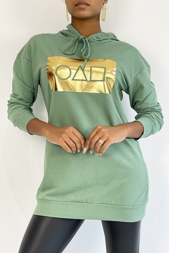 Long green hooded sweatshirt with golden squid game pattern - 3