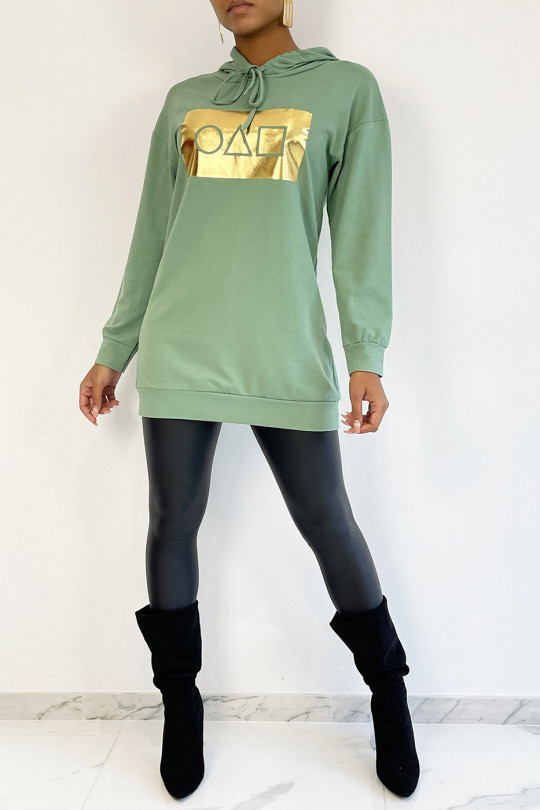 Long green hooded sweatshirt with golden squid game pattern - 4