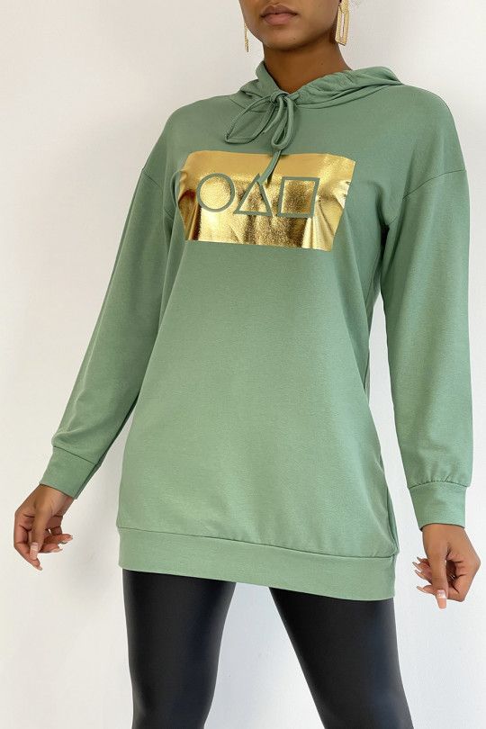 Long green hooded sweatshirt with golden squid game pattern - 5
