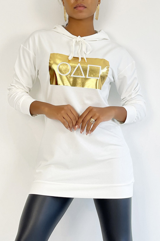 Lange witte hoodie met spelpatroon van gouden inktvis - 2