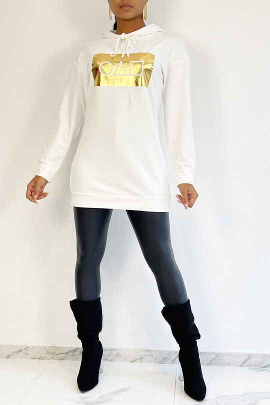 Lange witte hoodie met spelpatroon van gouden inktvis - 4