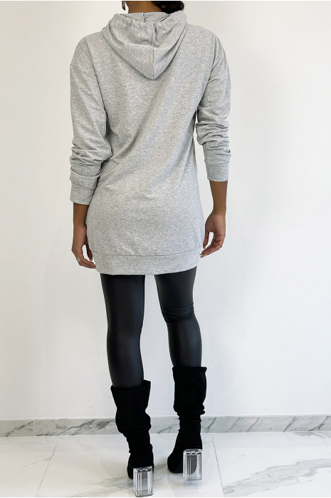 Lange grijze hoodie met spelpatroon van gouden inktvis - 2