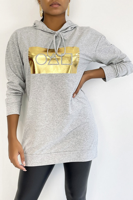 Lange grijze hoodie met spelpatroon van gouden inktvis - 3