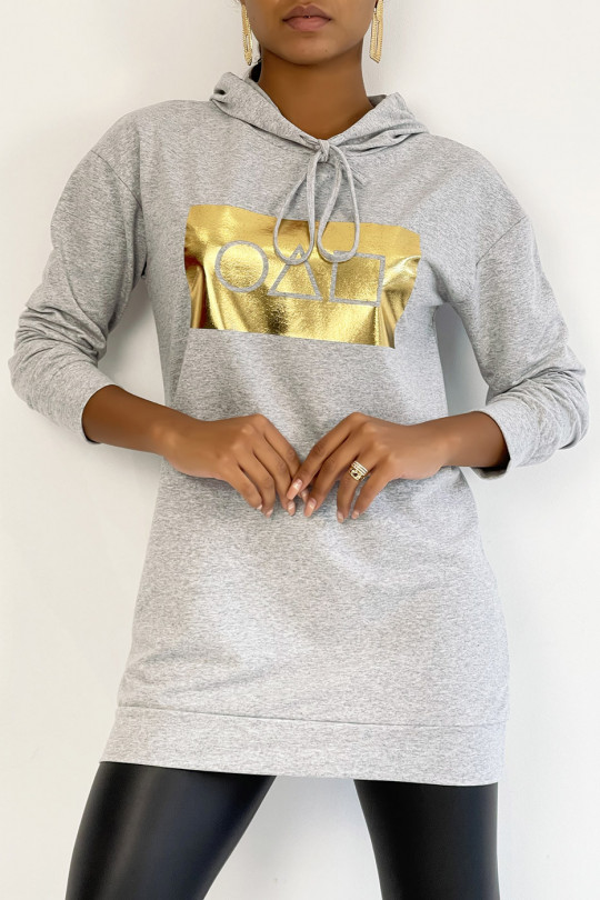 Lange grijze hoodie met spelpatroon van gouden inktvis - 5