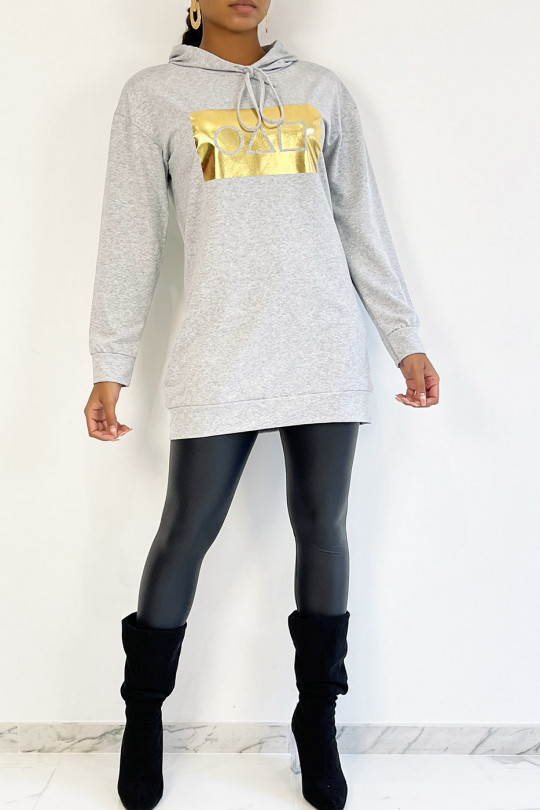 Lange grijze hoodie met spelpatroon van gouden inktvis - 7