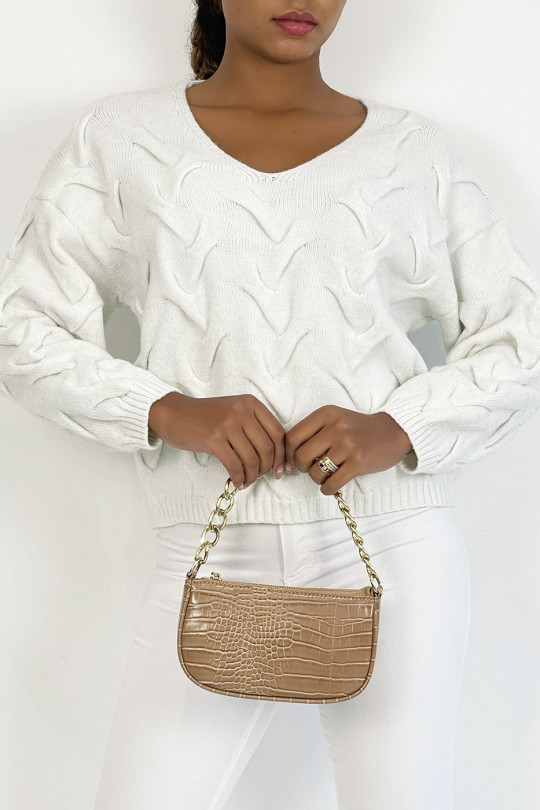 Short white long-sleeved sweater with glittery mesh effect with relief and V-neck - 1