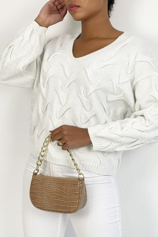 Short white long-sleeved sweater with glittery mesh effect with relief and V-neck - 2