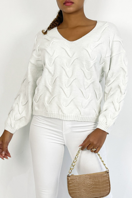 Short white long-sleeved sweater with glittery mesh effect with relief and V-neck - 3