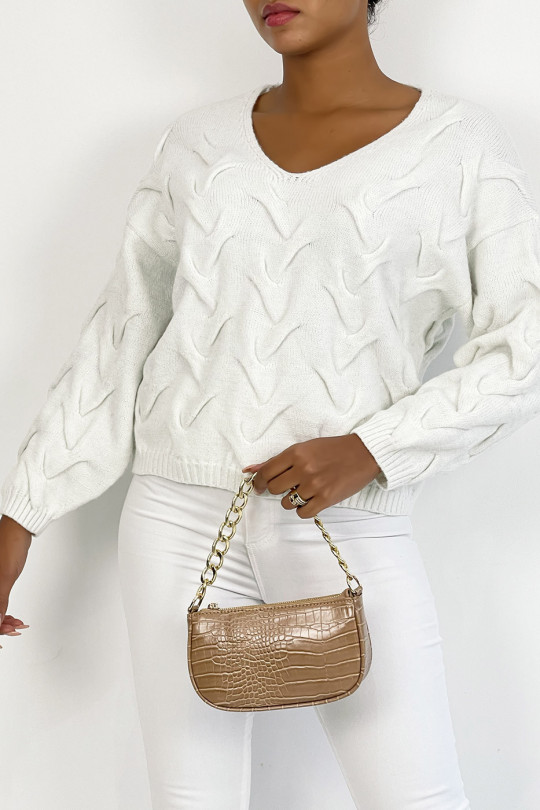 Short white long-sleeved sweater with glittery mesh effect with relief and V-neck - 4