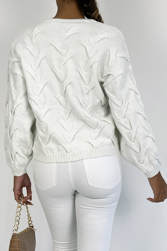 Short white long-sleeved sweater with glittery mesh effect with relief and V-neck - 5