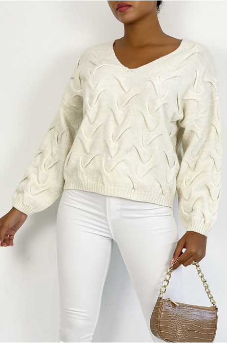 Pull court à manche longue beige effet maille pailleté avec jeu de relief et col V - 3