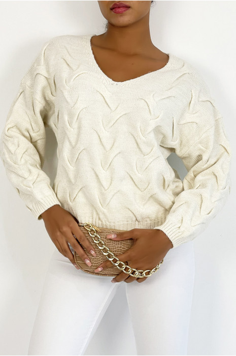 Pull court à manche longue beige effet maille pailleté avec jeu de relief et col V - 4