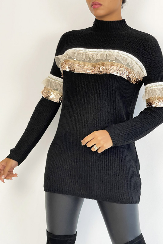 Long women's sweater with high neck in black with lace and sequin flounce - 1