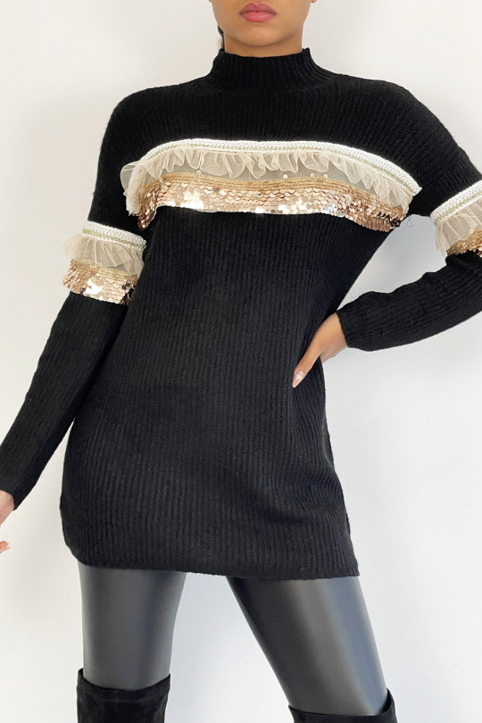 Long women's sweater with high neck in black with lace and sequin flounce - 2