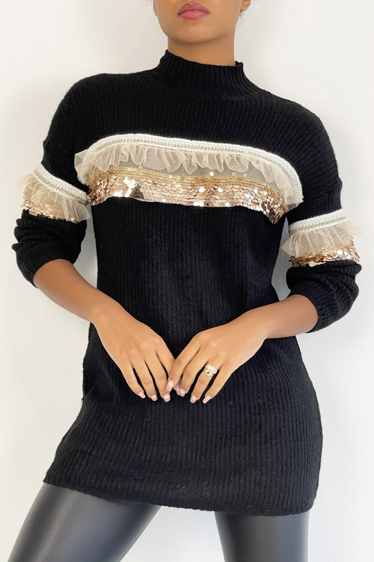Long women's sweater with high neck in black with lace and sequin flounce - 4
