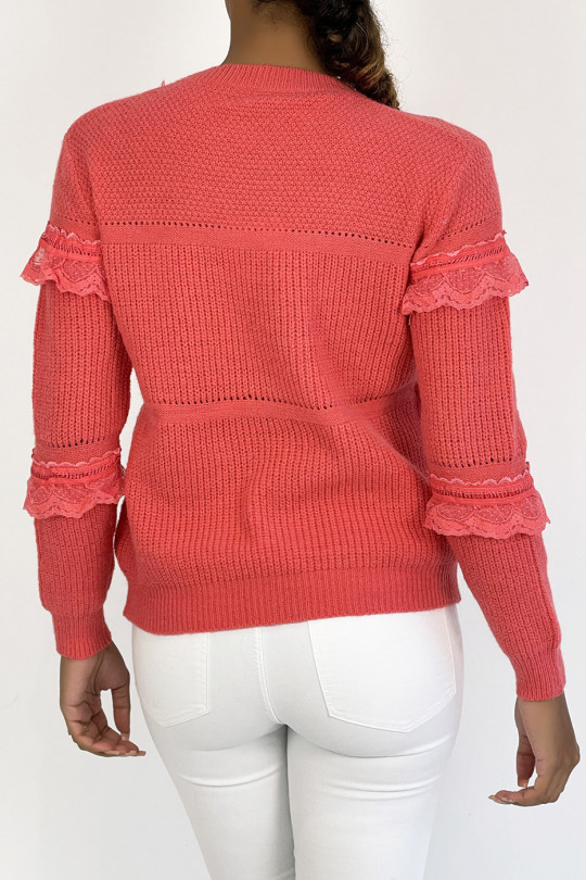 Coral round-neck sweater with openwork ruffle details - 1