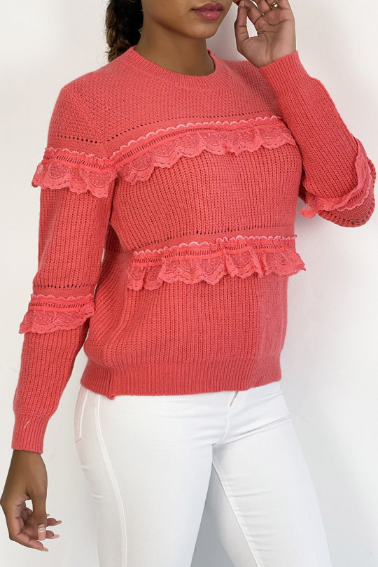 Coral round-neck sweater with openwork ruffle details - 2