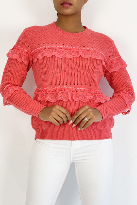 Coral round-neck sweater with openwork ruffle details - 4