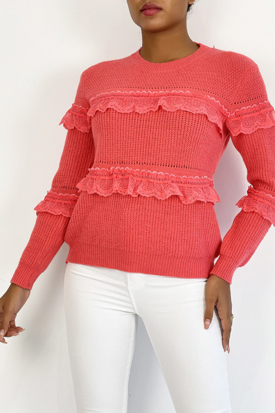 Coral round-neck sweater with openwork ruffle details - 5