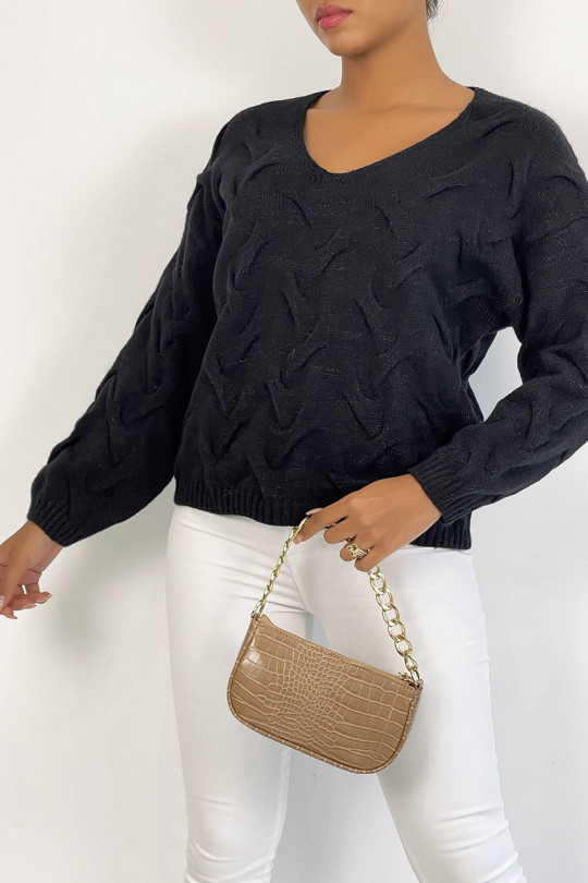 Black long-sleeved cropped sweater with glittery knit effect with relief and V-neck - 1