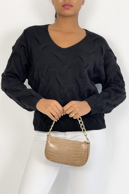 Black long-sleeved cropped sweater with glittery knit effect with relief and V-neck - 2
