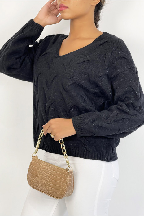 Black long-sleeved cropped sweater with glittery knit effect with relief and V-neck - 3