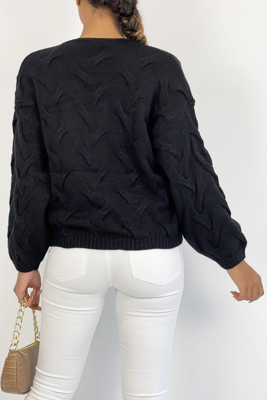 Black long-sleeved cropped sweater with glittery knit effect with relief and V-neck - 4