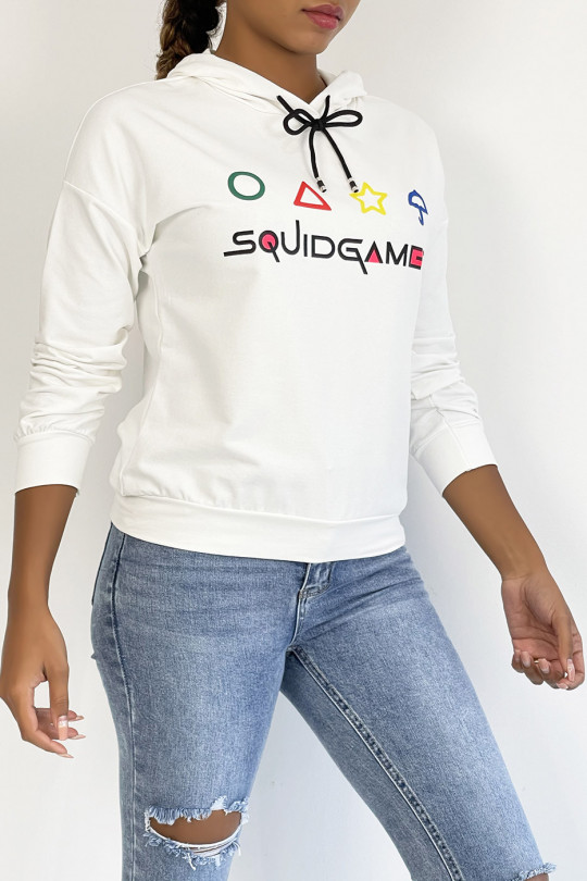 Kort wit sweatshirt met capuchon en SQUID GAME-print - 2