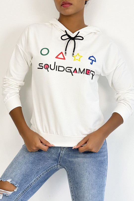 Kort wit sweatshirt met capuchon en SQUID GAME-print - 3