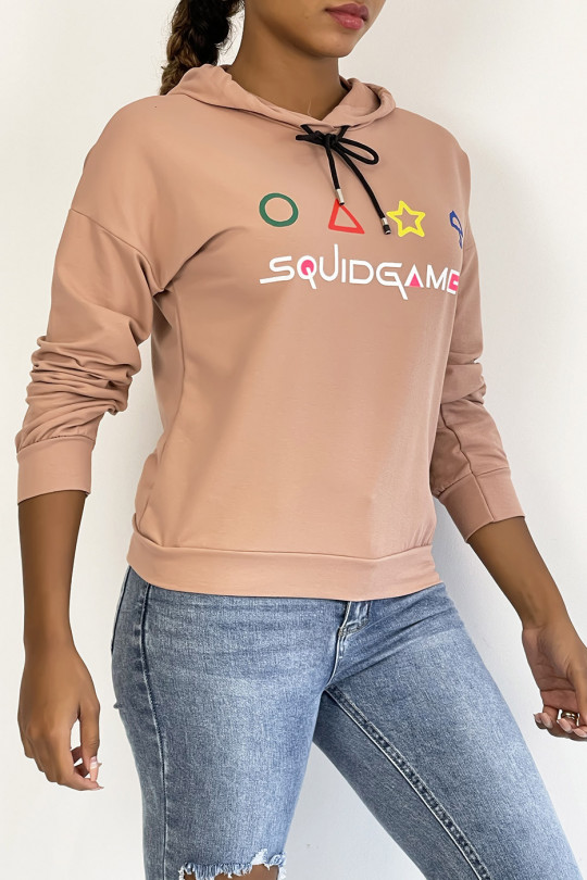 Kort roze sweatshirt met capuchon en SQUID GAME-print - 2