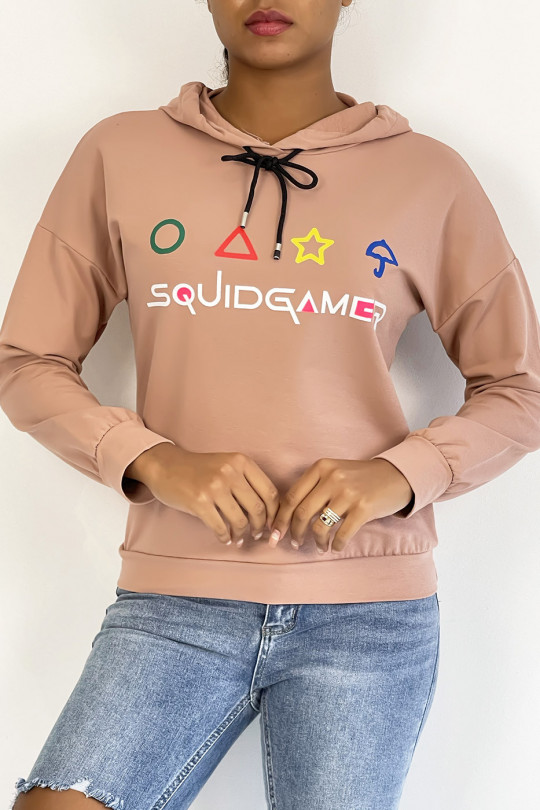 Short pink hooded sweatshirt with SQUID GAME print - 3