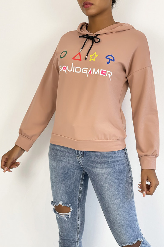 Kort roze sweatshirt met capuchon en SQUID GAME-print - 4