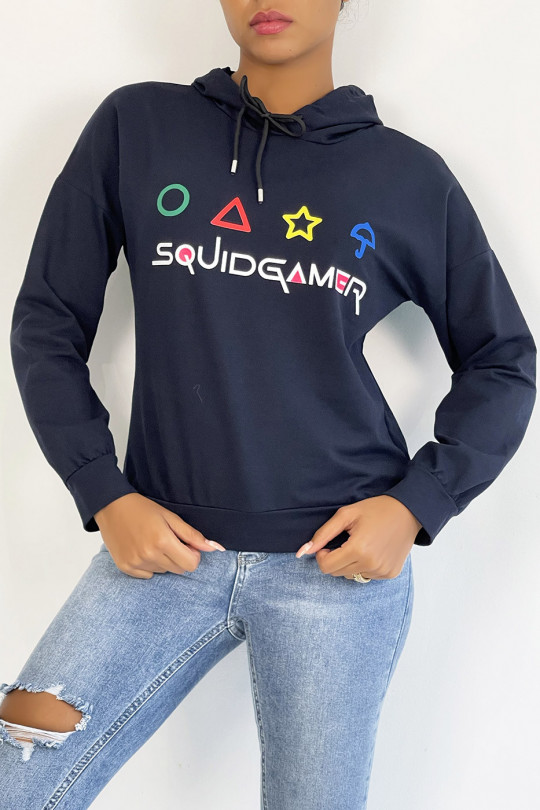 Navy cropped sweatshirt met capuchon en SQUID GAME-print - 3