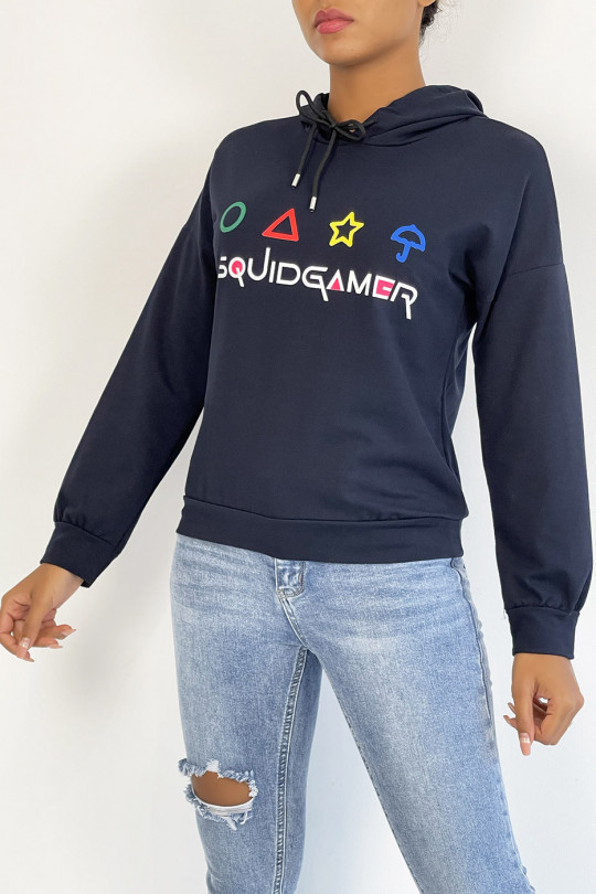 Navy cropped sweatshirt met capuchon en SQUID GAME-print - 4
