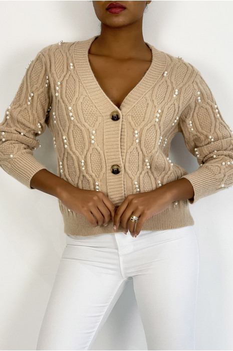 Gilet court nude col V à boutons et perles avec jeu de relief doux et chaud - 3