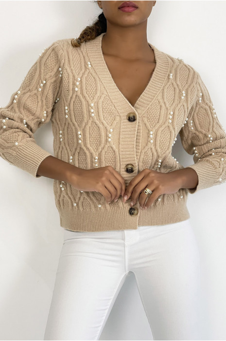 Gilet court nude col V à boutons et perles avec jeu de relief doux et chaud - 4