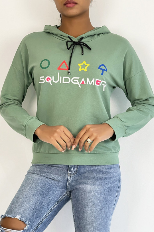 Short green hooded sweatshirt with SQUID GAME print - 3