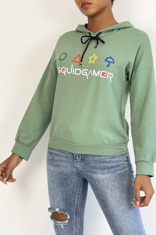 Short green hooded sweatshirt with SQUID GAME print - 4
