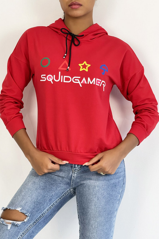 Kort rood sweatshirt met capuchon en SQUID GAME-print - 2