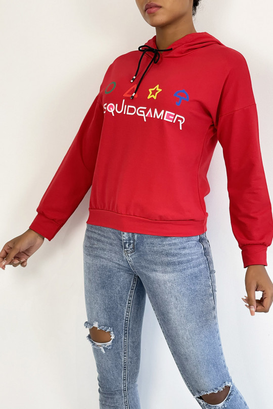 Kort rood sweatshirt met capuchon en SQUID GAME-print - 3