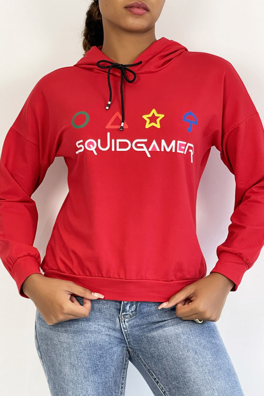 Kort rood sweatshirt met capuchon en SQUID GAME-print - 4
