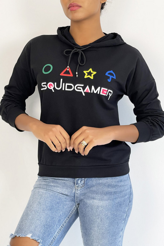 Short black hooded sweatshirt with SQUID GAME print - 3