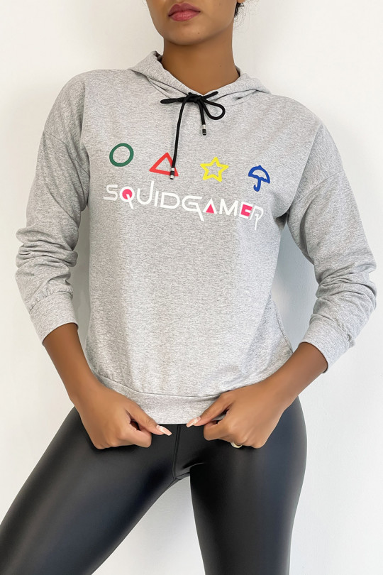 Gray short hooded sweatshirt with SQUID GAME print - 2