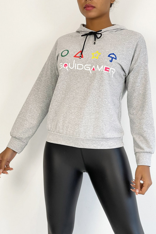 Gray short hooded sweatshirt with SQUID GAME print - 5