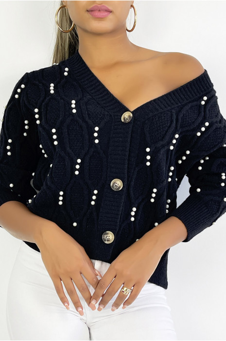 Gilet court noir col V à boutons et perles avec jeu de relief doux et chaud - 4