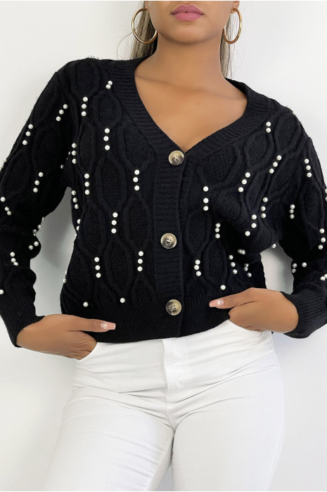 Gilet court noir col V à boutons et perles avec jeu de relief doux et chaud - 5